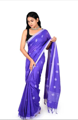 ANAMIKA Store Hand Painted Handloom Cotton Blend Saree(Blue)