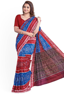 handloom paridhaan Woven Handloom Cotton Silk Saree(Blue, Red)