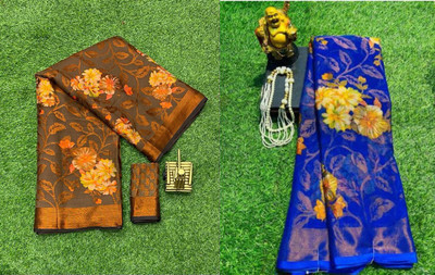 Sitanjali Floral Print Maheshwari Brasso Saree(Pack of 2, Blue)