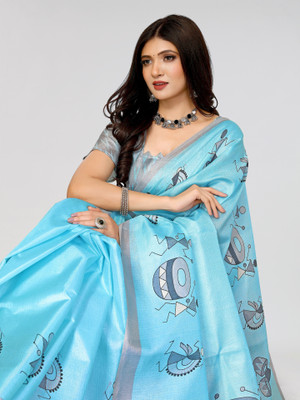 ANIRAV Printed Mysore Art Silk Saree(Blue)