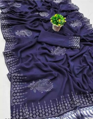 KHIMAJMAAFASHION Embroidered, Applique, Embellished, Self Design Jamdani Georgette Saree(Blue)