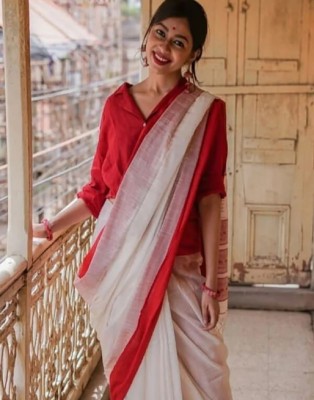 A To Z Cart Woven Kanjivaram Chanderi Saree(White, Red)