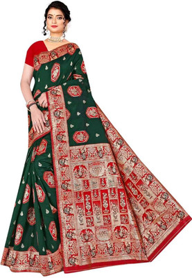 Radharani fusion Woven, Temple Border Paithani Art Silk Saree(Green, Silver)