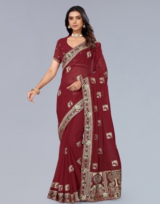 Satrani Embroidered, Embellished, Dyed Bollywood Georgette Saree(Maroon, Gold)