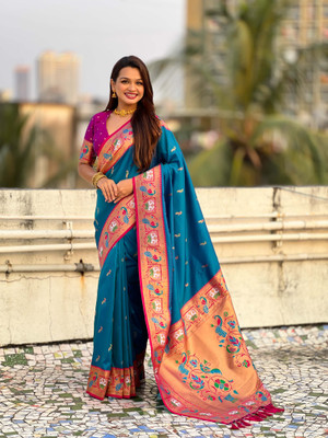 all about you Woven Paithani Silk Blend Saree(Blue)