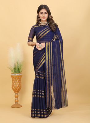 PRETTYAGE Striped, Solid/Plain Bollywood Art Silk, Chiffon Saree(Blue)