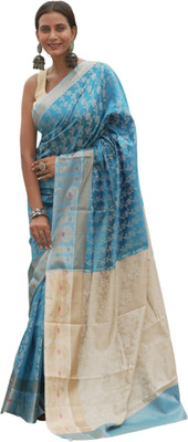 mynok Woven, Self Design Handloom Handloom Cotton Blend Saree(Light Blue, Beige)