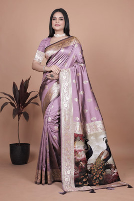Trushna Fashion Printed Banarasi Pure Silk Saree(Purple)