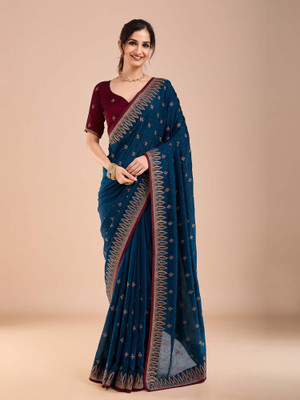 Tasrika Embroidered Bollywood Silk Blend Saree(Blue)