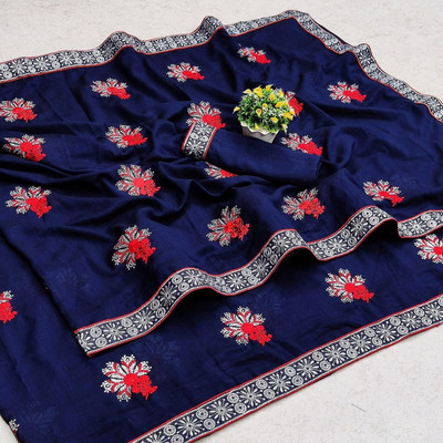 Divastri Embroidered Bollywood Silk Blend Saree(Dark Blue)