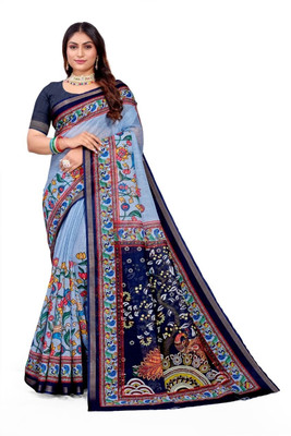 kiyan enterprise Printed, Animal Print, Graphic Print, Embellished Daily Wear Linen, Cotton Linen Saree(Light Blue)