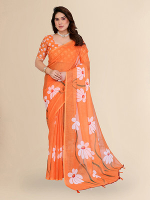 Moda Rapido Floral Print Bollywood Cotton Blend Saree(Orange)