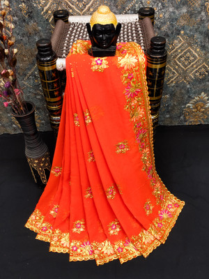 KHRITI FAB Embroidered, Floral Print Bollywood Georgette Saree(Pack of 2, Orange)