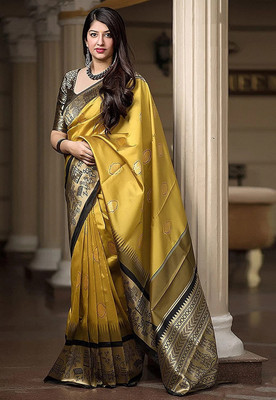 AVANTIKA FASHION Woven Kanjivaram Pure Silk, Art Silk Saree(Yellow)