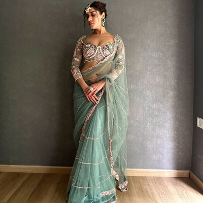 Tasrika Embroidered Bollywood Net Saree(Blue)