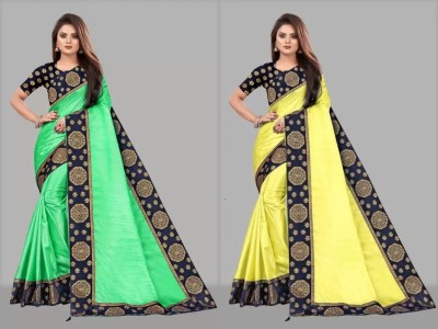 ONTIC LIFESTYLE Self Design Assam Silk Art Silk Saree(Pack of 2, Green, Yellow)