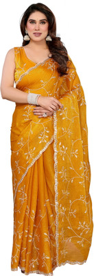 SUPUJIT Solid/Plain, Embellished, Embroidered Bollywood Jimmy choo Saree(Yellow)