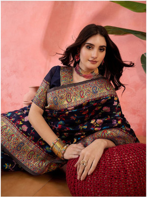 Wovenza Self Design, Woven Bollywood Cotton Blend, Semi-Pashmina Saree(Black)