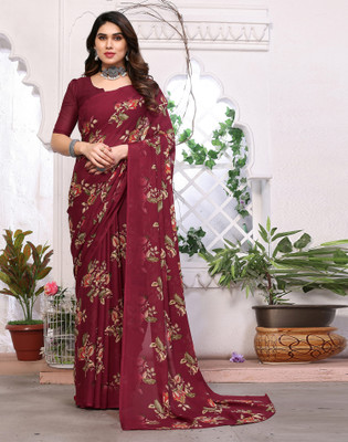 Samah Floral Print Bollywood Chiffon, Georgette Saree(Maroon, Multicolor)