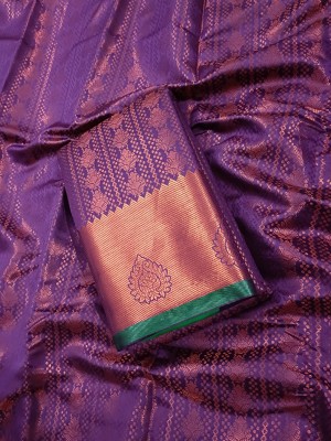 Fascino Fab Woven, Striped, Temple Border Banarasi Handloom Silk Blend, Jacquard Saree(Purple)