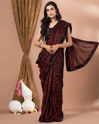 Online Bazaaar Floral Print Bollywood Lycra Blend Saree(Maroon)