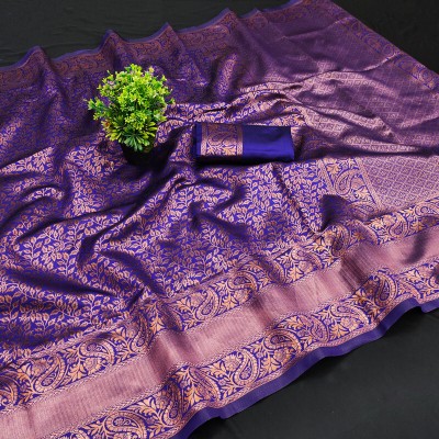 Juhi Collection Woven Banarasi Cotton Silk Saree(Blue)