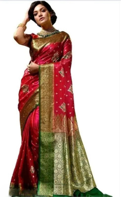 Shambhavi Creations Self Design Banarasi Silk Blend Saree(Red)