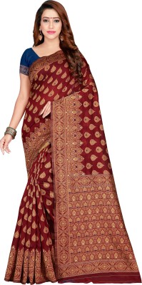 FABMORA Embroidered, Woven Kalamkari Cotton Blend Saree(Maroon)