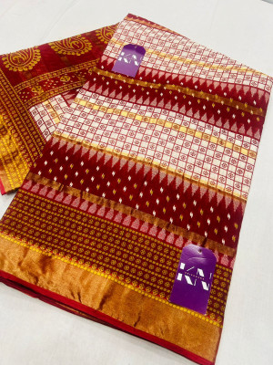 KRISHNA NX Printed Daily Wear Pure Cotton Saree(Maroon)