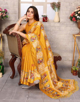 YASHIKA Printed Hand Batik Art Silk Saree(Yellow)