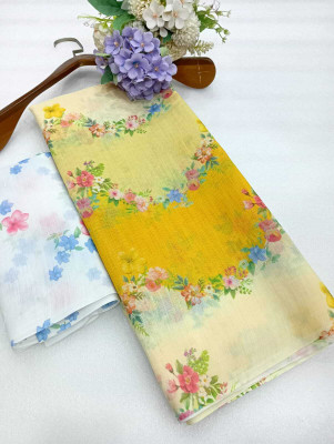 MAANVIT Digital Print Bollywood Linen, Cotton Linen Saree(Yellow)