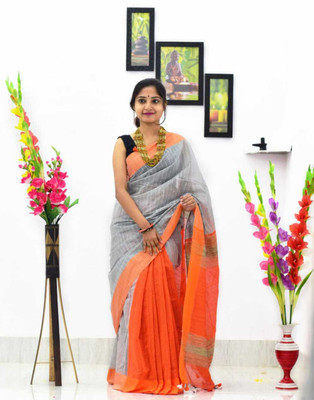 Shyamalisaree Solid/Plain Handloom Cotton Silk Saree(Silver, Orange)