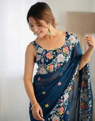 Samah Embellished, Embroidered Bollywood Georgette Saree(Blue)