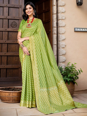 ANOUK Woven Chanderi Cotton Blend Saree(Light Green)