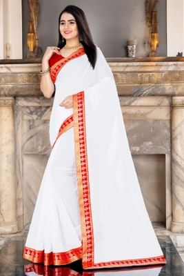 Volmina Solid/Plain Chanderi Cotton Blend Saree(White)