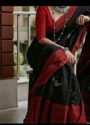 nebadita Woven Tant Pure Cotton Saree(Black, Red)