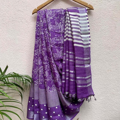 Soor Panchi Digital Print Pochampally Cotton Linen Saree(Purple)