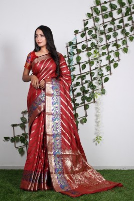 KRIYANSH Woven, Printed, Applique, Embellished Kanjivaram Jacquard, Cotton Silk Saree(Red)