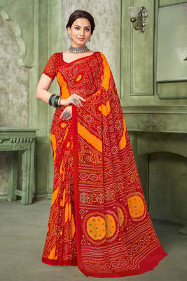 SainiVastra Printed Bandhani Chiffon Saree(Red)