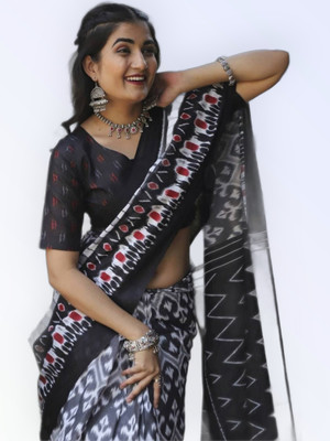 baratheon Printed Bollywood Cotton Blend Saree(Black)