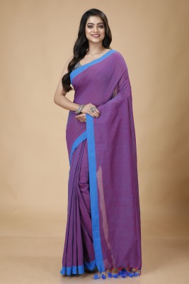 Tant Boutique Solid/Plain Handloom Cotton Blend Saree(Magenta, Blue)