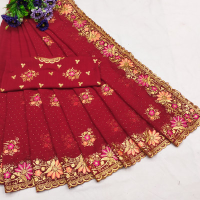 KHRITI FAB Embroidered, Floral Print Bollywood Georgette Saree(Red)