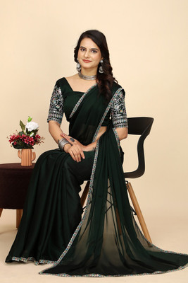 SHIV FASHION Embroidered, Solid/Plain Bollywood Chiffon Saree(Dark Green)