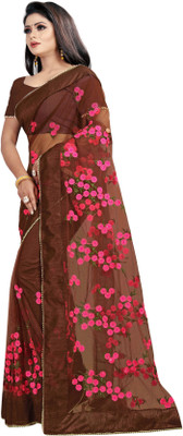 AreWah Embroidered Bollywood Net Saree(Brown)