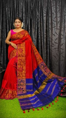 ACHOL Woven Handloom Cotton Silk Saree(Red, Blue)