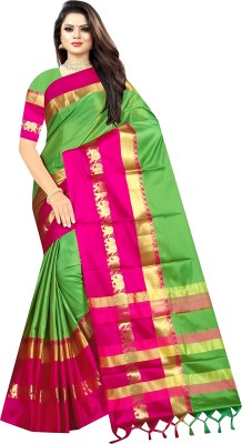 MoonTextile Temple Border Assam Silk Cotton Silk Saree(Light Green)