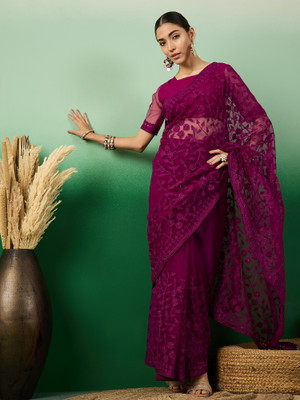 Sangria Embroidered Kalamkari Net Saree(Purple)
