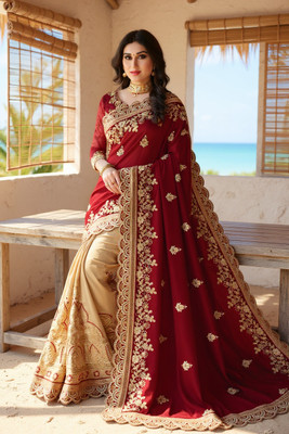 b bella creation Embroidered Bollywood Art Silk, Silk Blend Saree(Pack of 2, Maroon, Beige)