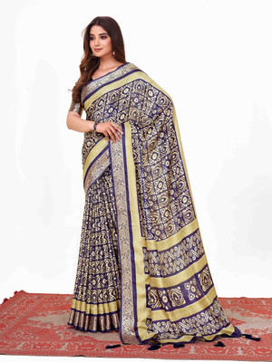 Divastri Printed Chanderi Silk Blend Saree(Dark Blue)