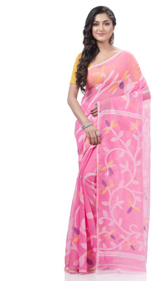 Desh Bidesh Self Design, Woven, Floral Print, Paisley Jamdani Handloom Muslin, Pure Cotton Saree(Pink)